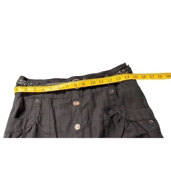 Black Linen Polyester Belted Skirt with Pockets Button Front Skirt - Picture 4 of 5